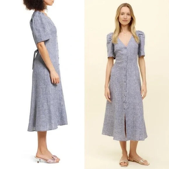 Reformation Dresses & Skirts - Reformation Linen Gingham Short Sleeve Button Front Prairie Midi Dress Blue 6